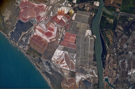 Salt pans in Port Saint Louis, France, from #ISS, 2007, by @Astro_Clay